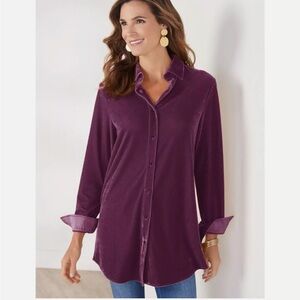 Soft Surroundings Velvet Boyfriend Tunic Shirt Size M Amethyst Purple Whimsigoth